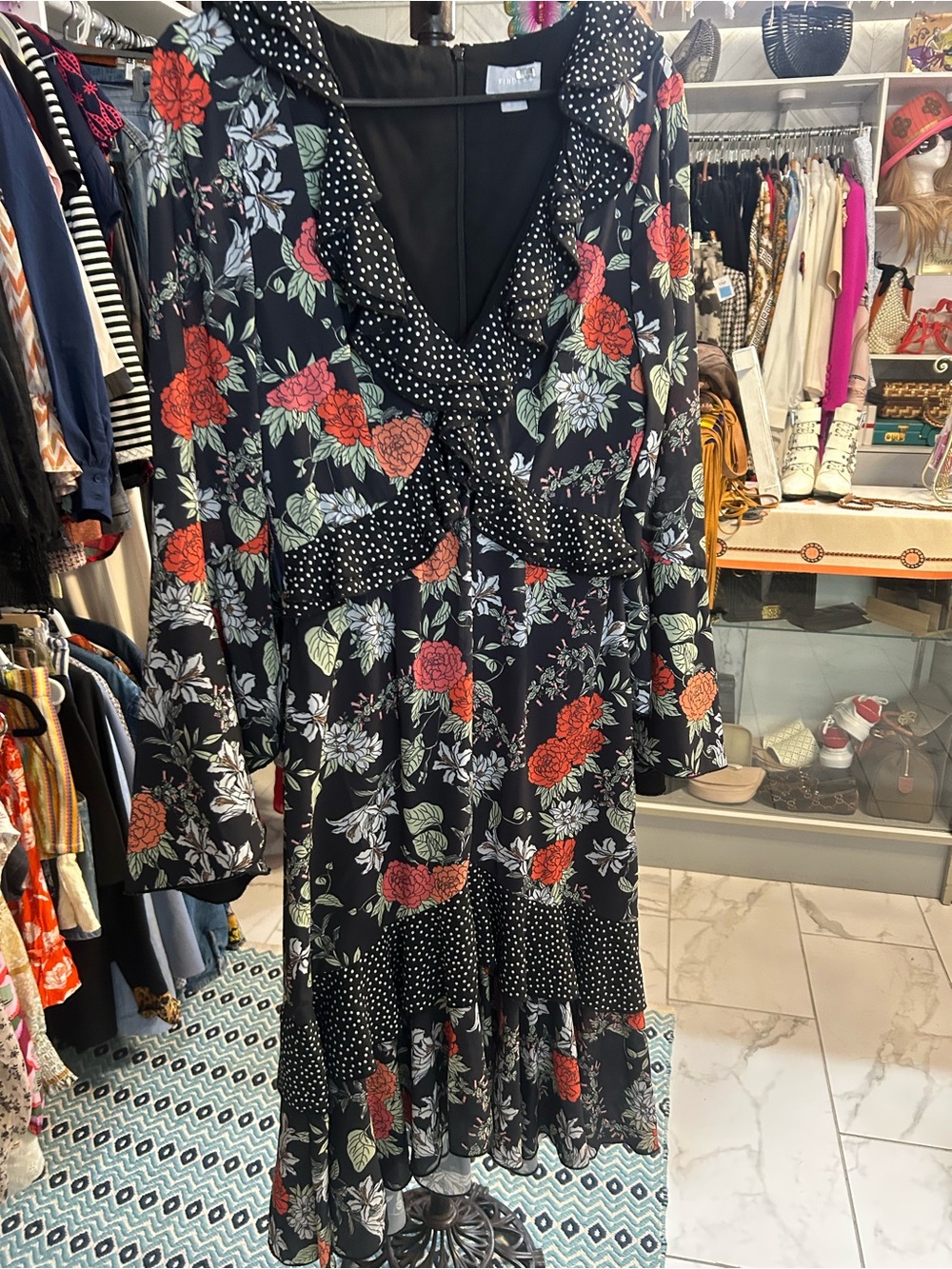 Finders Keepers Black Floral polka dot ruffle trim Astral midi Dress - Picture 4 of 9